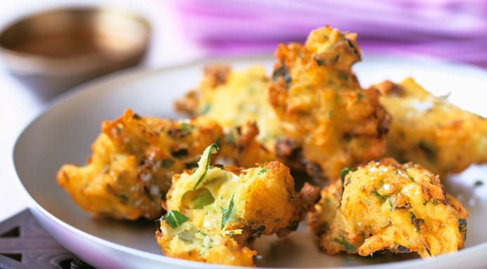 Mixed Vegetable Pakora with Yogurt and Mint Dip