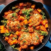 Braised Chicken Thighs with Squash and Mustard Greens