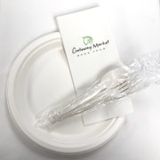 Compostable 9 inch plate, Packet of Compostable Utensils and GWM Dinner Napkins