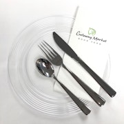 Disposable Clear 9" and 6" Plates, Reflective Silverware, GWM Logo Cocktail and Dinner Napkins