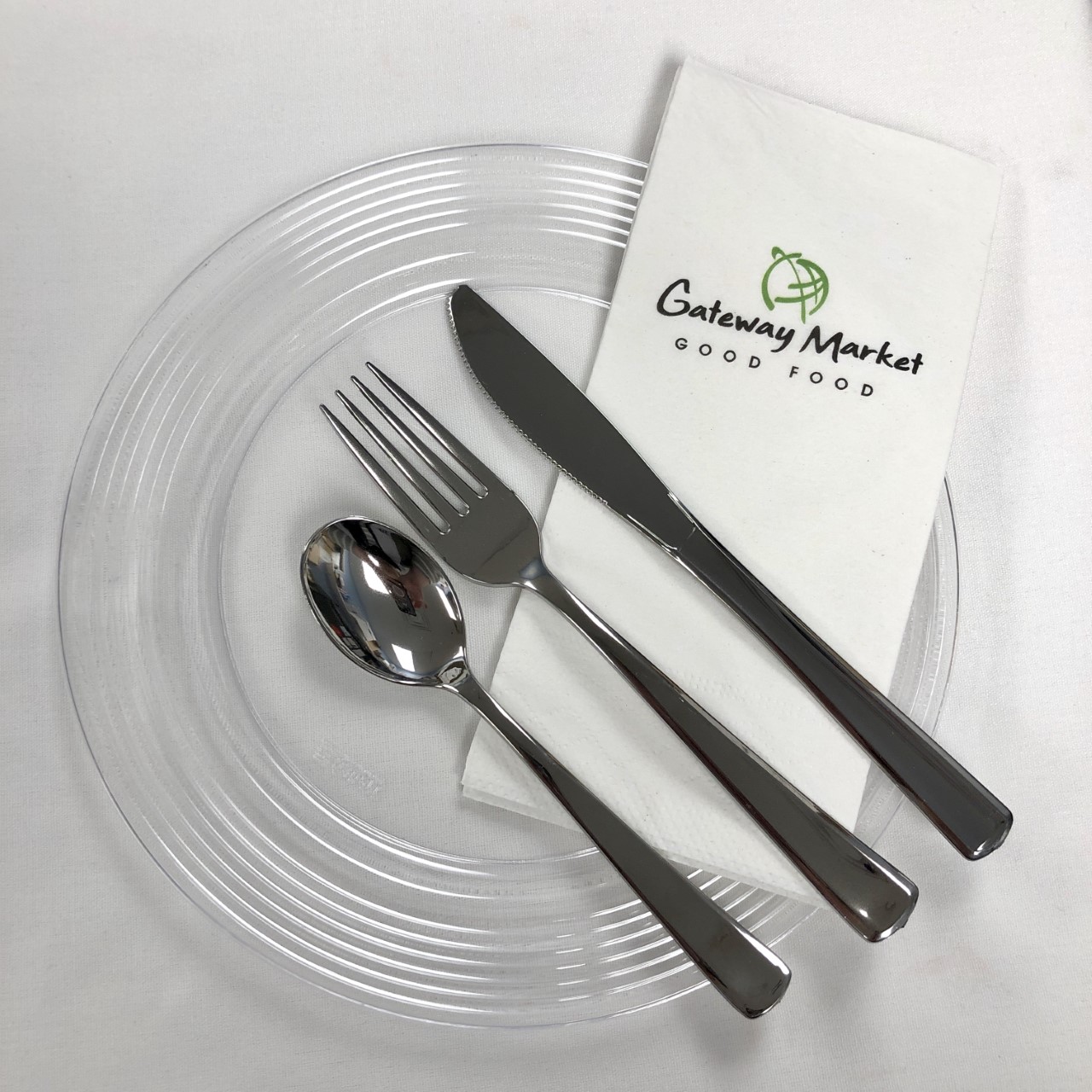 Clear 9" Plates, GWM Dinner Napkins; Reflective Forks, Knives and/or Spoons