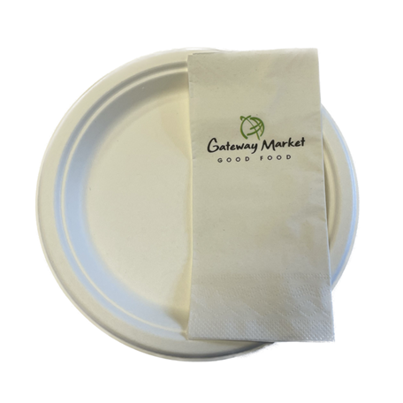 Compostable 9 inch plate and GWM Dinner Napkins (no utensils required)