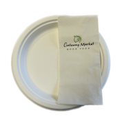 Compostable 9 inch plate and GWM Dinner Napkins (no utensils required)