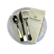 Disposable Clear 9" Plates, Reflective Silverware, GWM Dinner Napkins